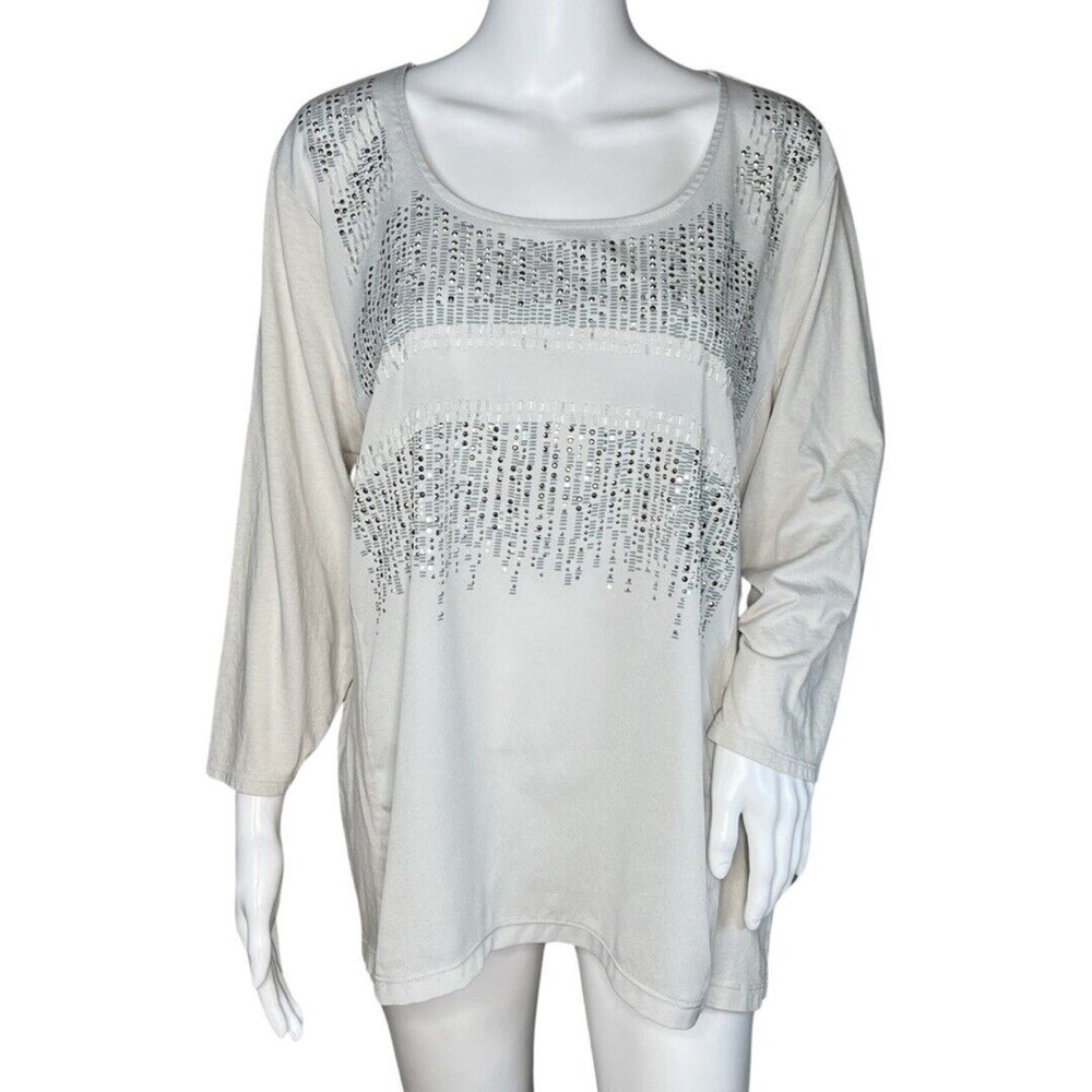 Chicos Shirt Womens XL Light Gray Embellished Mixed Media Updated Basic Party